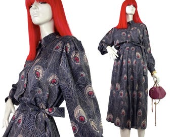 Vestido camisero de lana con estampado de pavo real vintage de los años 80 de Liberty / estilo años 40 / bolsillos / cinturón / Goodwood