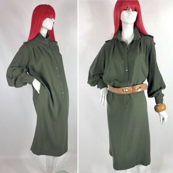 1980s JAEGER wool crepe army green shirt dress / P