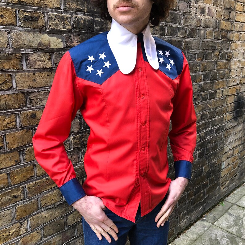 Vintage 70s Americana Big Beagle Collar Shirt / Stars & Etsy