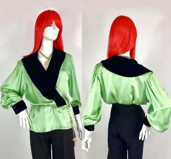 Reserved>>> 1980S YSL pistachio silk and black vel