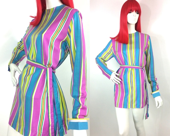 Vintage 1960s MOD striped pop mini dress / Carnaby