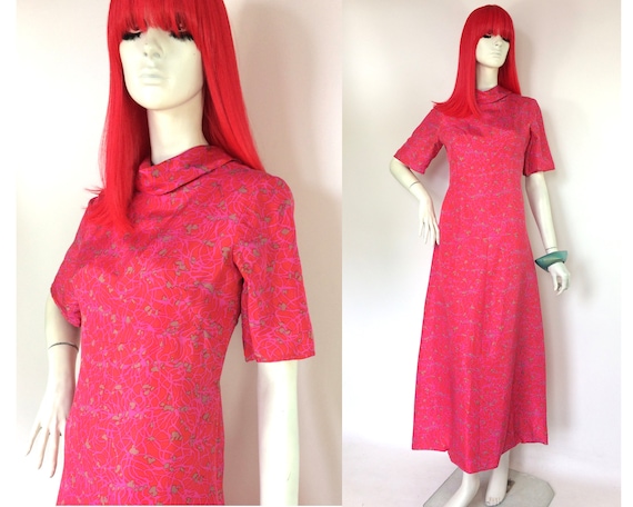 Vintage 1960s silk psych magenta maxi gown / 70s c