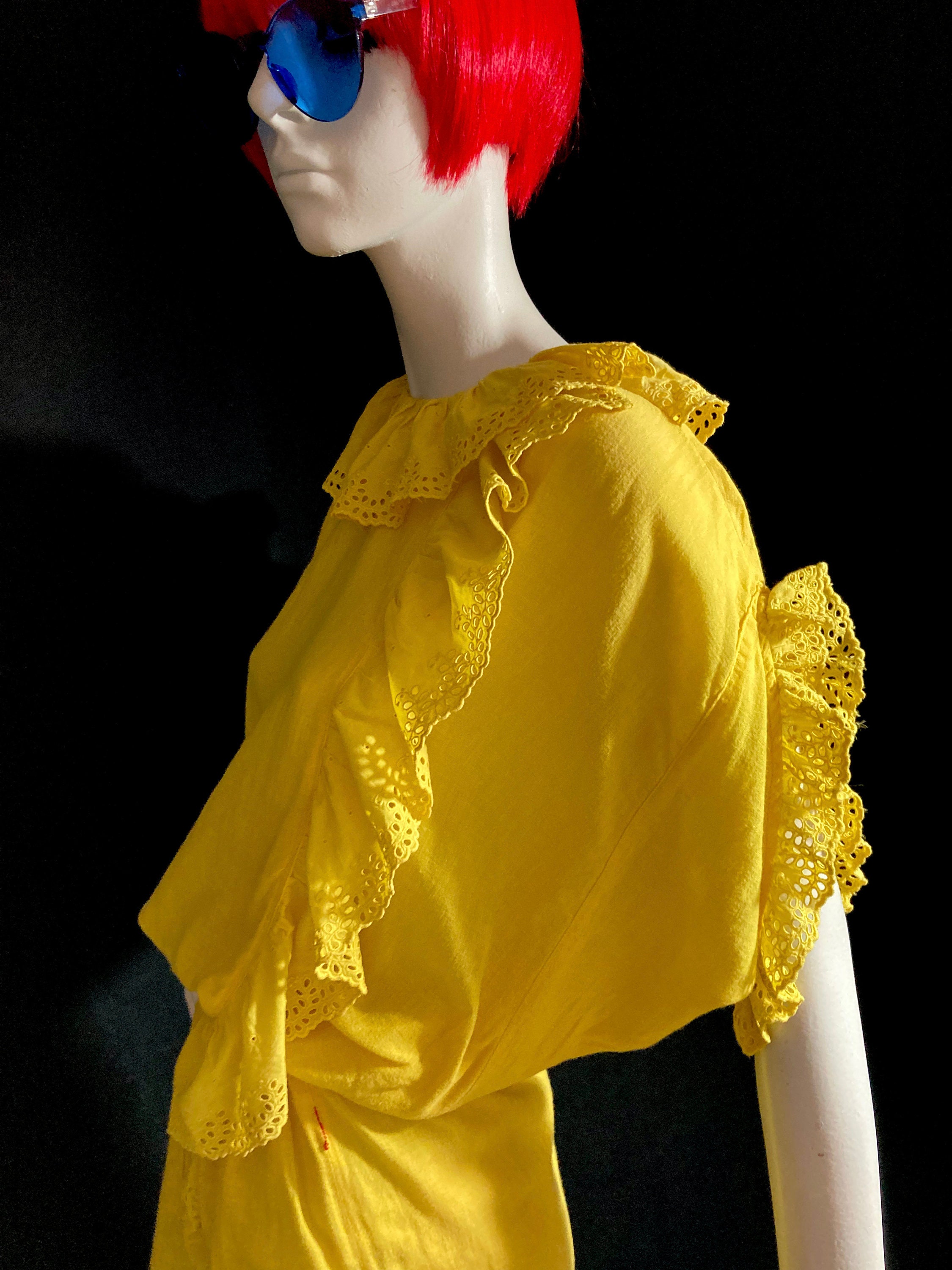 FIORUCCI 1980s Vintage Yellow Cotton Dress / Broderie