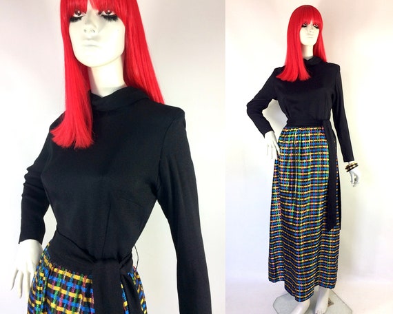 1960s vintage plaid lurex and crepe maxi gown / 60