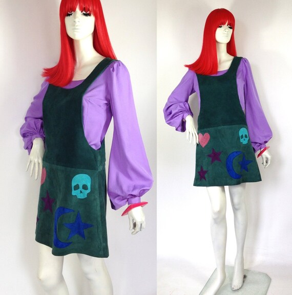 Vintage 1960s teal suede pinafore mini dress resur
