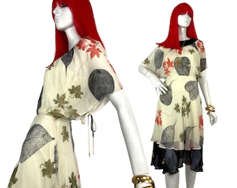 ARISTOS jaren '70 vintage jaren '30 stijl zwierige chiffon midi / Bill Gibb / Janice Wainwright