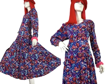 Vestido camisero vintage de los años 80 con tulipanes y rosas abstractas de LIBERTY / vestido de tarde / años 40 / bolsillos