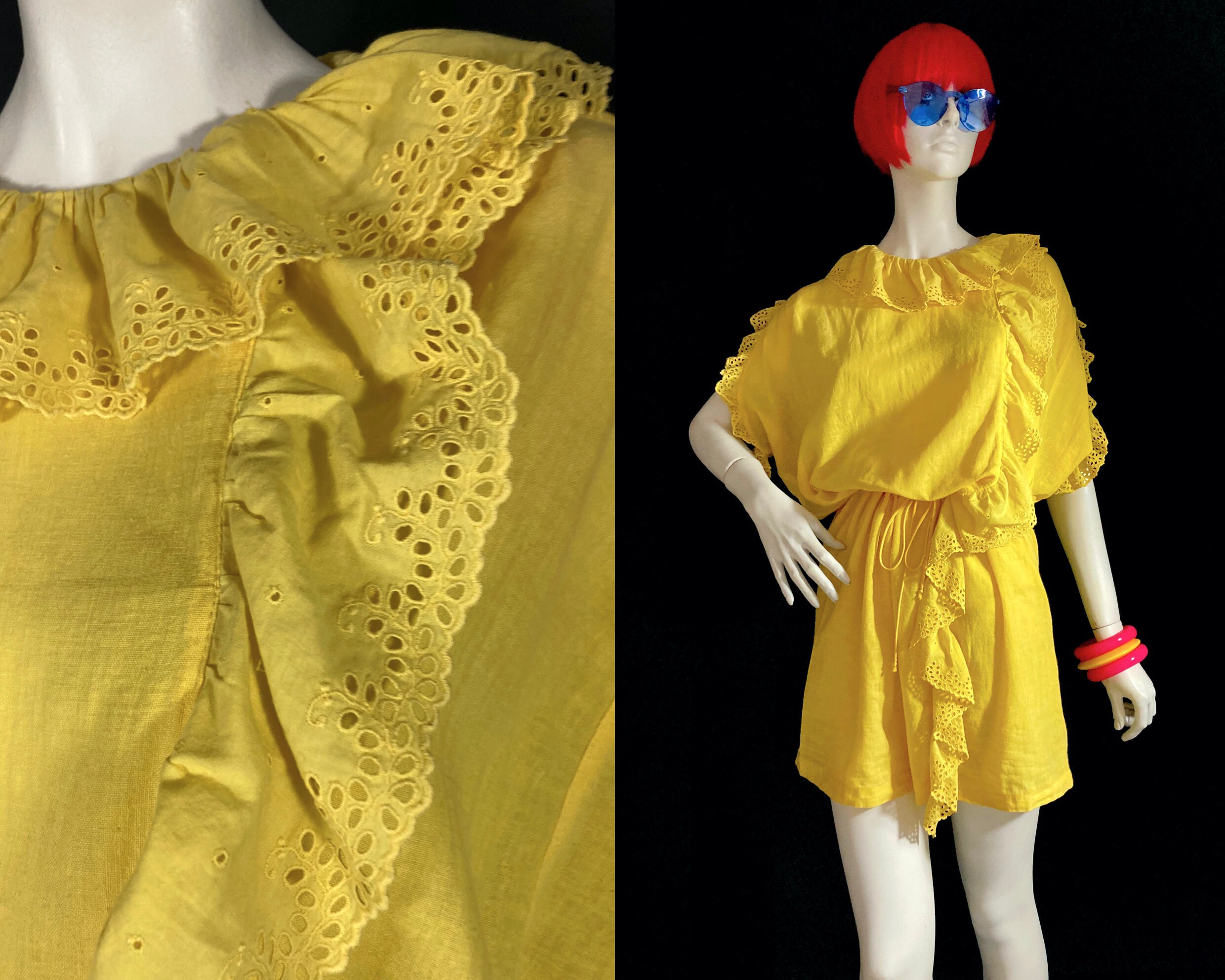 FIORUCCI 1980s Vintage Yellow Cotton Dress / Broderie