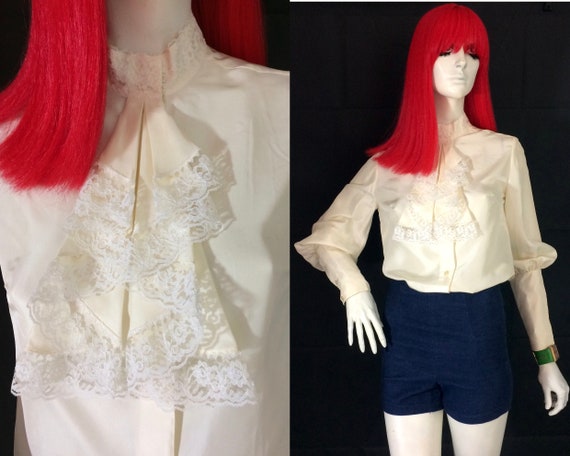 1960s vintage cream SILK ruffle BLOUSE shirt / Mod