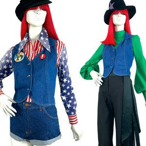 1970s vintage blue jean denim waistcoat / indie punk country Lynyrd Skynyrd Rolling Stones UK 8 & 10