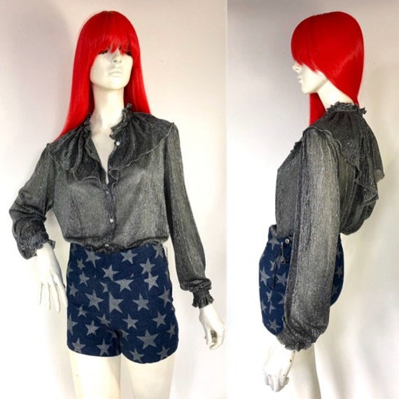 1970s Lurex silver Ruffle blouse // Disco // Glam