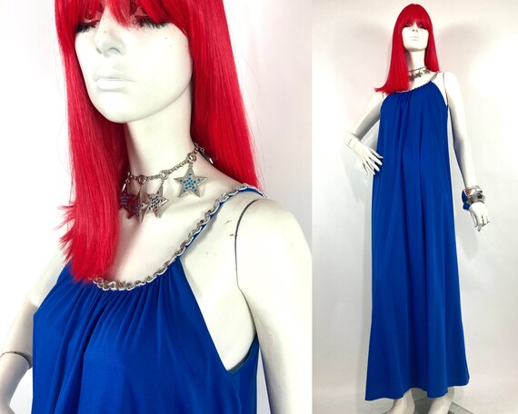 Original 1970's Electric Blue Maxi Disco Dress UK 10 - 12