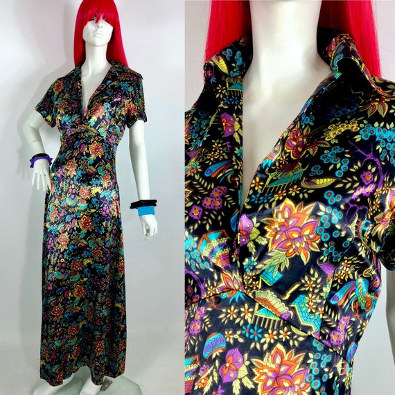 1960s Chinese print satin maxi dress / Psychedelic