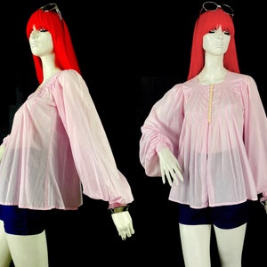 Blusa estilo bata com mangas bufantes de algodão doce vintage dos anos 1970 Jeff Banks / Biba / Bus Stop