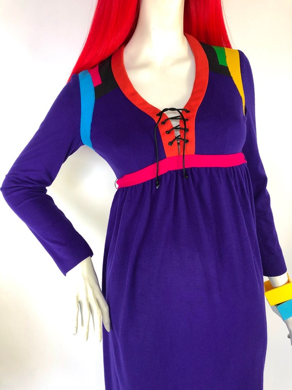 1970s Stephen Burrows Color Block Wool Jersey Maxi Dress Pop