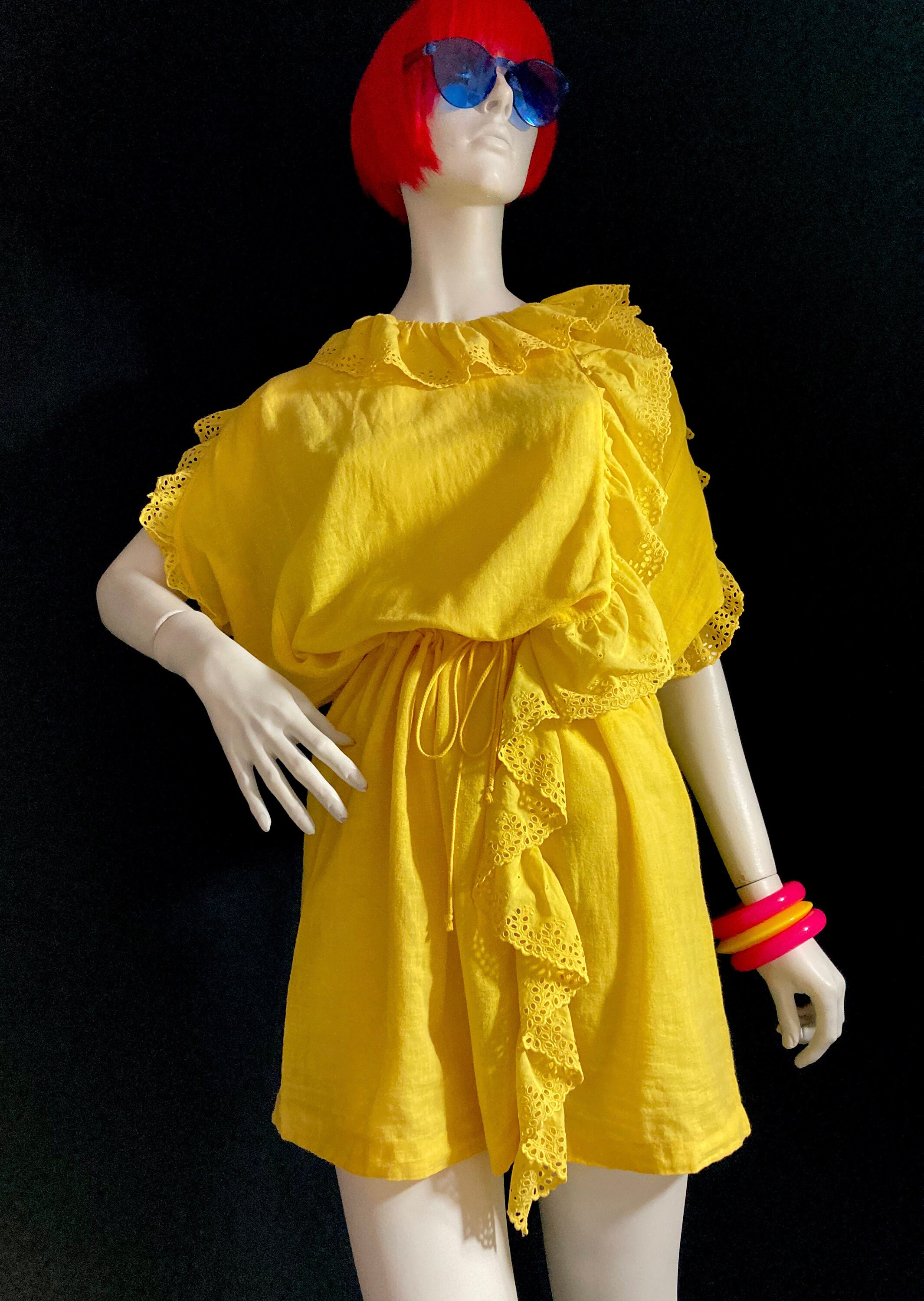 FIORUCCI 1980s Vintage Yellow Cotton Dress / Broderie