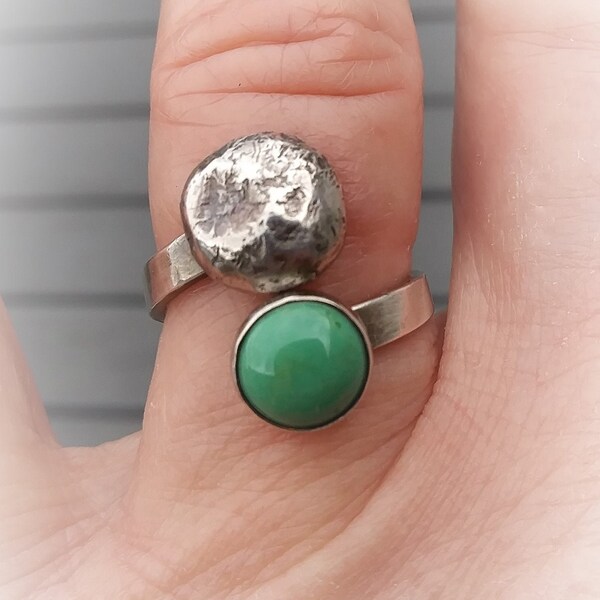 Green Turquoise Ring-Rustic Moon Ring-Adjustable Ring-Cross Over Ring-Bypass Ring-Wrap Ring-999 Fine Silver Ring-Unisex Ring-Ready To Ship