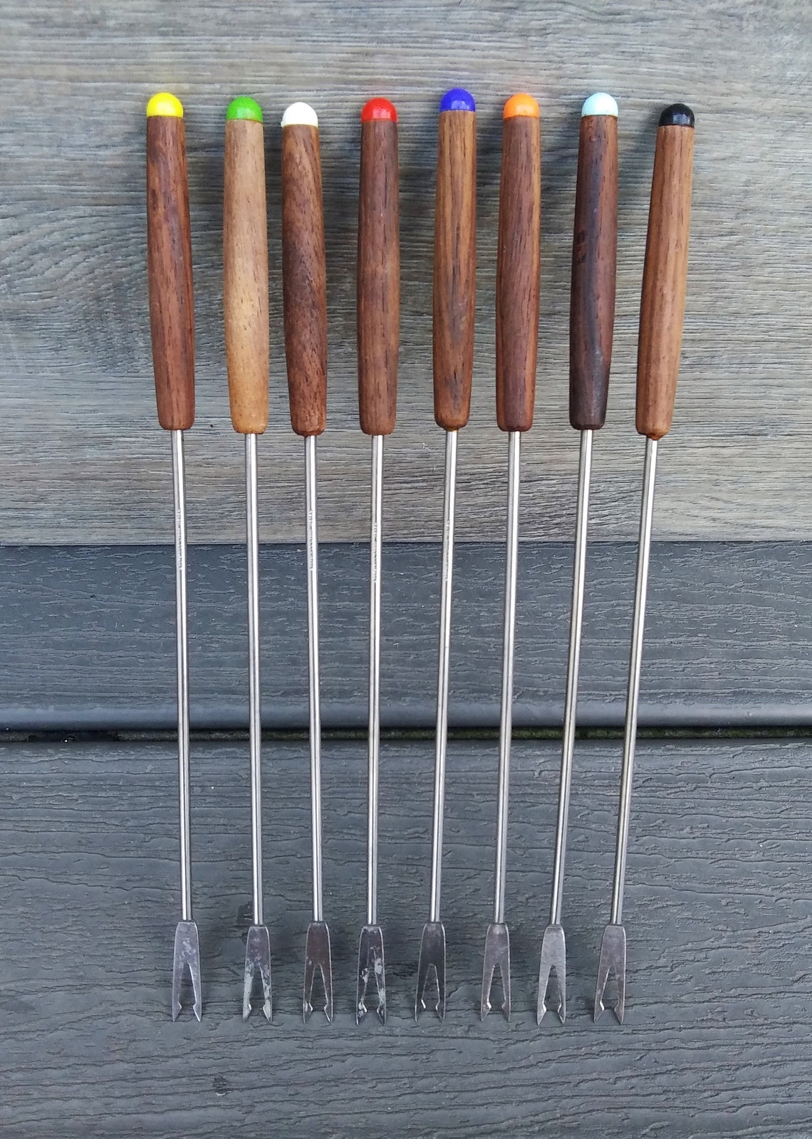 Retro Teak Wood Fondue Fork Set 8 PieceColor Coded Etsy