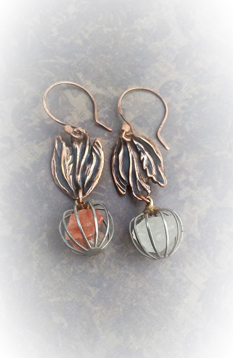 Mismatched Earrings Pair-Fire And Ice Cage Earrings-Copper Crystal Earrings-Boho Style Jewelry-Raw Crystal Chandelier Earrings-Ready To Ship