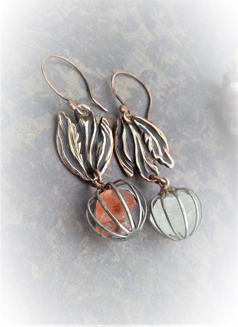 Mismatched Earrings Pair-Fire And Ice Cage Earrings-Copper Crystal Earrings-Boho Style Jewelry-Raw Crystal Chandelier Earrings-Ready To Ship