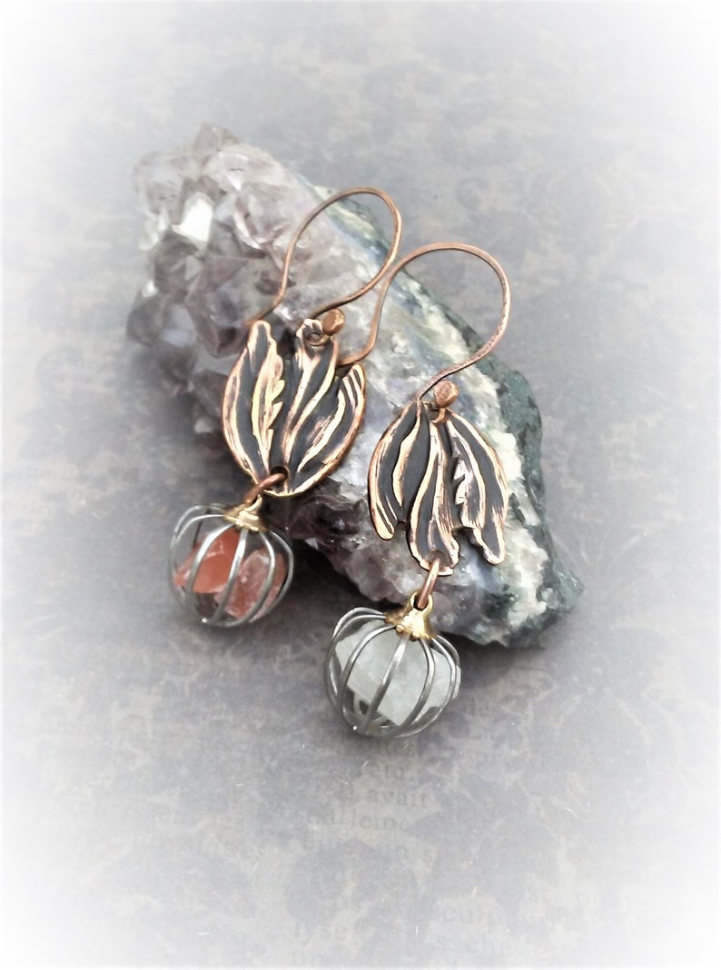 Mismatched Earrings Pair-Fire And Ice Cage Earrings-Copper Crystal Earrings-Boho Style Jewelry-Raw Crystal Chandelier Earrings-Ready To Ship