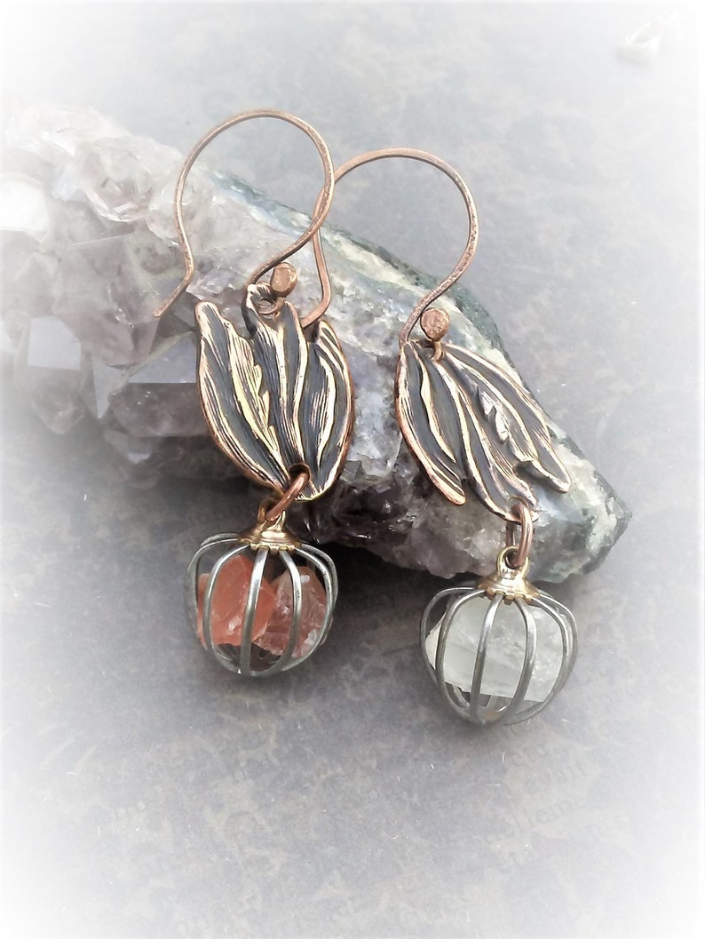 Mismatched Earrings Pair-Fire And Ice Cage Earrings-Copper Crystal Earrings-Boho Style Jewelry-Raw Crystal Chandelier Earrings-Ready To Ship