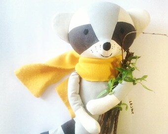 TITU the raccoon. made to order. handmade eco toy. stuffed raccoon. Minimal raccoon toy