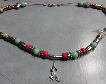 Fancy Frog Blue, Red, and Tan Beaded Necklace