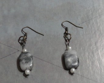 Grey/ White Marble and Pearl Pierced Earrings