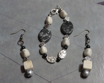 White /Grey Marble and Feldspar Bracelet and Earring set