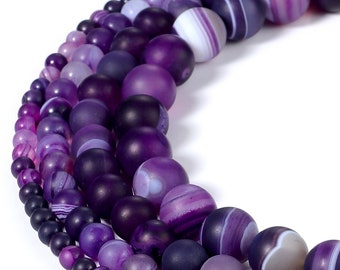 Natural Purple Stripe Agate Matte Gemstone Round Loose Beads Healing Energy Stone For Earring Necklace Jewelry Making 4mm 6mm 8mm 10mm 12mm