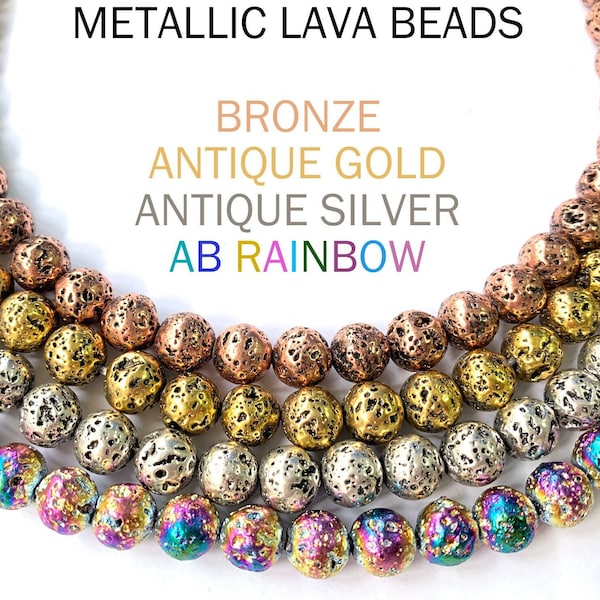 Metallic Lava Stone 4/6/8/10/12mm Electroplated Antique Gold Tibetan Silver Bronze Iridescent AB Rainbow Volcanic Rock Round Loose Beads