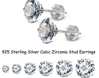 Pendientes de plata de ley 925 con circonitas cúbicas transparentes y redondas, con engaste de 4 puntas, de 3 mm, 4 mm, 5 mm, 6 mm, 7 mm y 8 mm. Pendientes pequeños y grandes con circonitas cúbicas.