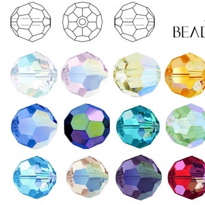 May include: A collection of faceted crystal beads in various colors, including clear, pink, yellow, orange, blue, green, purple, red, and black. The beads are arranged in rows and columns, with line drawings of the bead shape at the top. The brand name "BEADNOVA" is also visible.