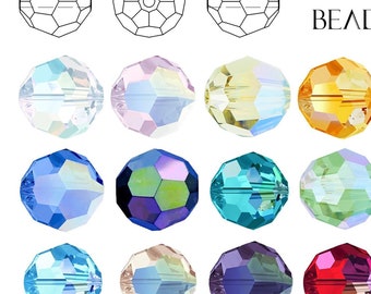 May include: A collection of faceted crystal beads in various colors, including clear, pink, yellow, orange, blue, green, purple, red, and black. The beads are arranged in rows and columns, with line drawings of the bead shape at the top. The brand name "BEADNOVA" is also visible.