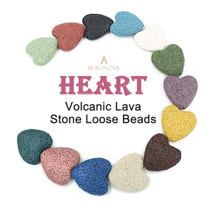May include: A collection of heart-shaped volcanic lava stone beads in various colours, including green, red, black, blue, white, purple, yellow, and brown. The beads are arranged in a circle, with the text "HEART Volcanic Lava Stone Loose Beads" in the centre.