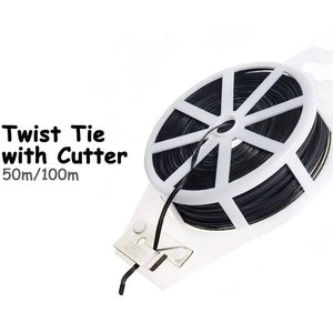 May include: A white plastic spool of black twist ties with a built-in cutter. The spool is labeled "Twist Tie with Cutter 50m/100m".