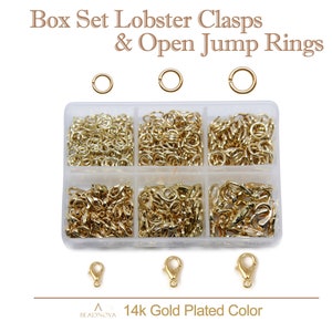 Light Gold Color Lobster Claw Clasps Open Jump Rings 14k Gold Plated Color DIY Assortment Box Set 5/6/7mm Jumprings & 10/12/14mm Clasps