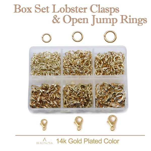 Light Gold Lobster Claw Clasps Open Jump Rings Silver 14k Gold Plated Color DIY Assortment Box Set 5/6/7mm Jumprings & 10/12/14mm Clasps