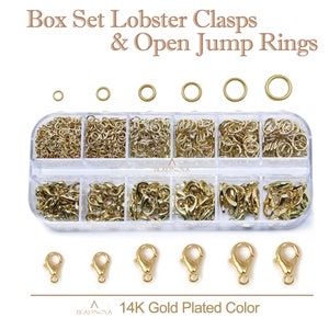 Cierres de garra de oro claro chapado en oro de 14k y anillos de salto abiertos, anillos de gatillo de 3-8mm, cierres de 10, 12 y 14mm, juego de caja de juegos de joyería para la fabricación de joyas imagen 1