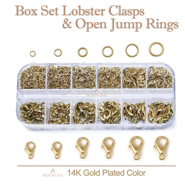 14k Gold Plated Light Gold Claw Verschlüsse & Offene Biegeringe Abzugsfang 3-8mm Ringe 10 12 14mm Verschlüsse Schmuck-Kits-Box-Set für Schmuckherstellung
