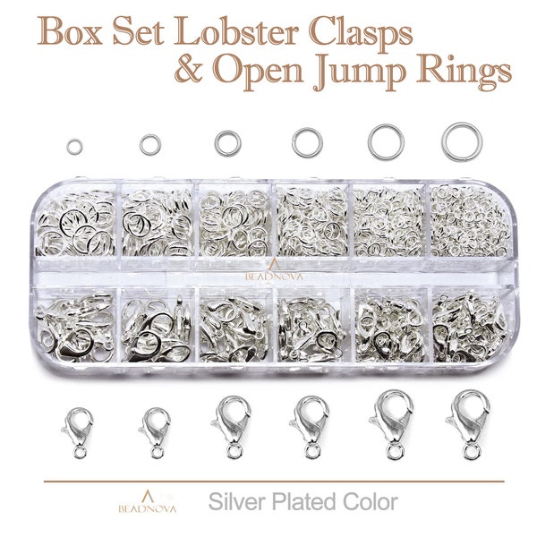 Silver Plated Lobster Clasps & Open Jump Rings Box Set Kit Silver Tone Color 10/12/14mm Claw Clasps And 3-8mm Split Rings For Jewelry Making