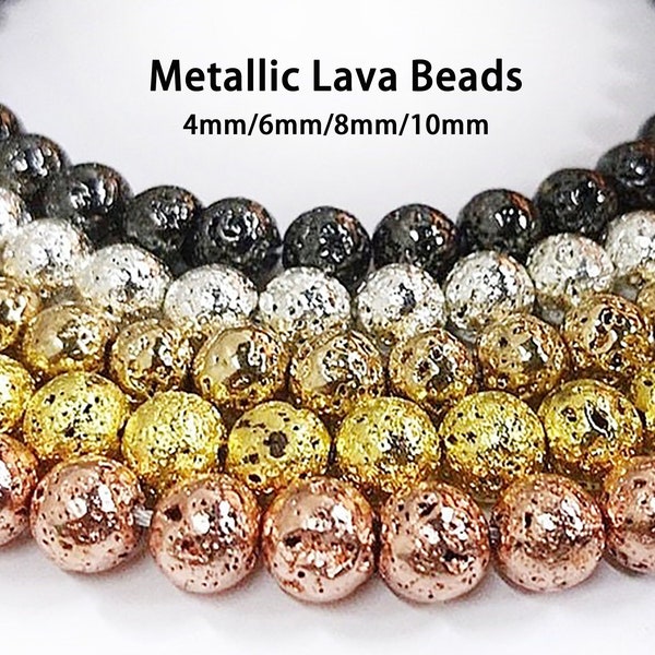 Metallic Lava Stone 4mm / 6mm / 8mm / 10mm / 12mm Silver Rose Gold Black Volcanic Rock Round Loose Beads Healing Chakr Titanium Gunmetal