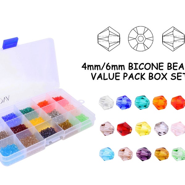 15 Popular Colors 4mm 6mm Bicone Faceted Bead Findings Crystal Glass Beads Fashion Beads Value Pack Box Set by BEADNOVA