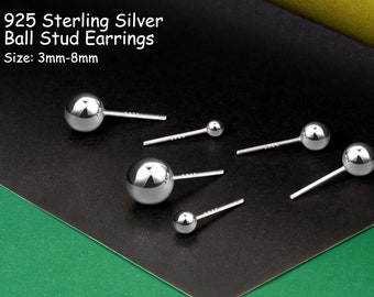 3-8 mm 925 スターリングシルバー ボールスタッドイヤリング ピアスイヤリング ラウンドボール 小さな大きなスタッド 敏感な耳用 低刺激性 1ペア