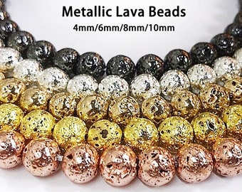 Piedra de lava metálica 4 mm / 6 mm / 8 mm / 10 mm / 12 mm Plata Oro rosa Negro Roca volcánica Granos sueltos redondos Curación Chakr Titanio Gunmetal