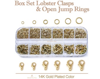 14k Gold Plated Light Gold Claw Clasps & Open Jump Rings Trigger Catch 3-8mm Rings 10 12 14mm Clasps Jewelry Kits Box Set For Jewelry Making
