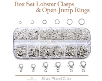 Silver Plated Lobster Clasps & Open Jump Rings Box Set Kit Silver Tone Color 10/12/14mm Claw Clasps And 3-8mm Split Rings For Jewelry Making