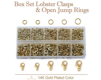 14K Gold Plated Color Lobster Clasps & Open Jump Rings Light Gold Box Set Jewelry Kits 10/12/14mm Clasps 5/6/7mm Rings For Jewelry Making