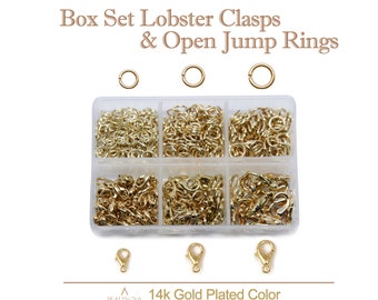 Light Gold Lobster Claw Clasps Open Jump Rings Silver 14k Gold Plated Color DIY Assortment Box Set 5/6/7mm Jumprings & 10/12/14mm Clasps